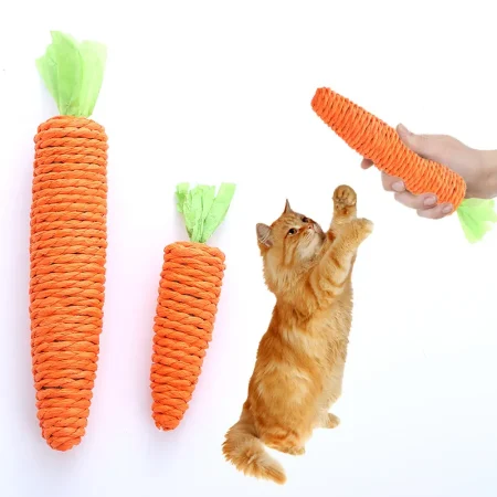 Carrot-shaped, bell-equipped, paper rope cat toy
